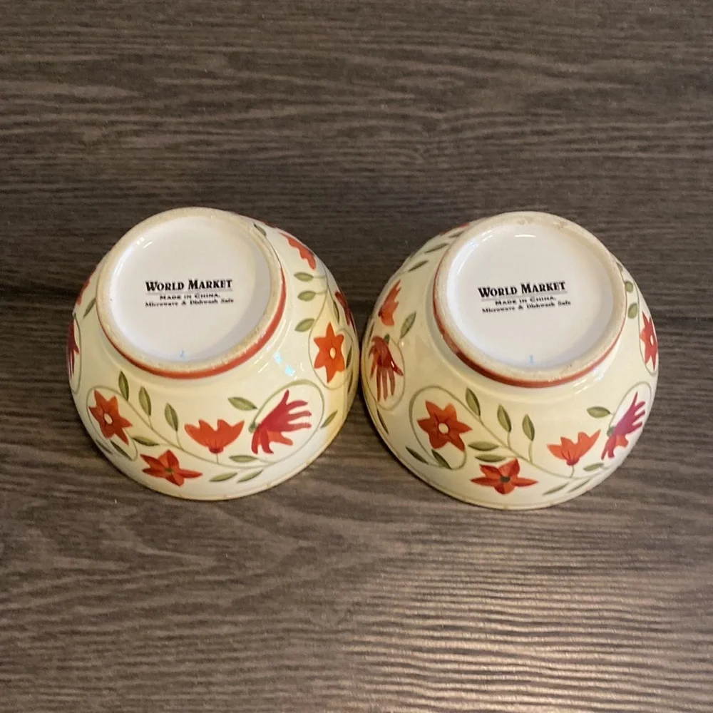 World Market (2) pair of small bowls. Cream with leaves and flowers. Cute!